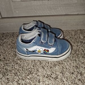 Vans Infant Old Skool V Denim Sneakers Rainbow, Heart & Smiley Flower 5.5